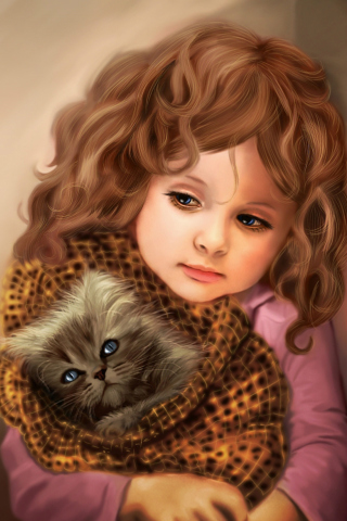 Little Girl With Kitten In Blanket Painting wallpaper 320x480