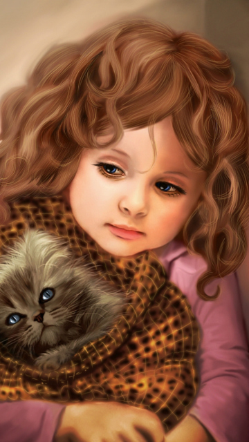 Fondo de pantalla Little Girl With Kitten In Blanket Painting 360x640