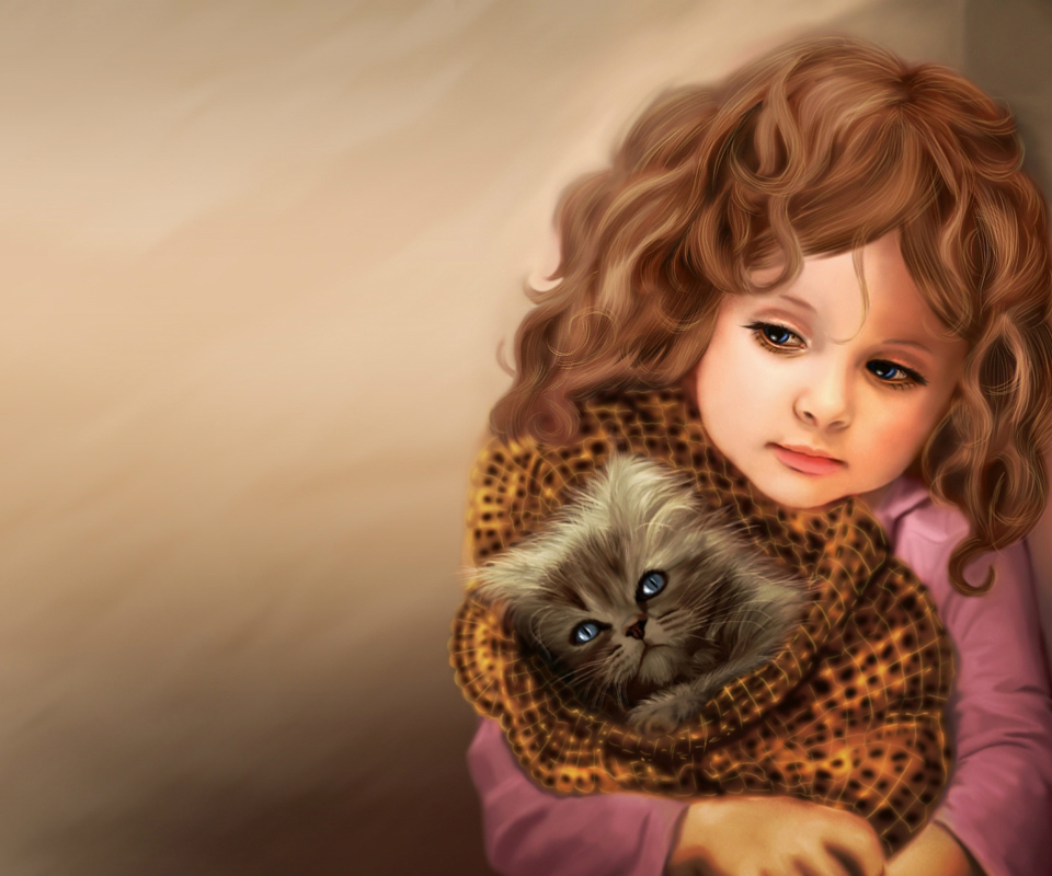 Обои Little Girl With Kitten In Blanket Painting 960x800