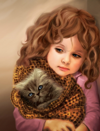 Kostenloses Little Girl With Kitten In Blanket Painting Wallpaper für Nokia Asha 310