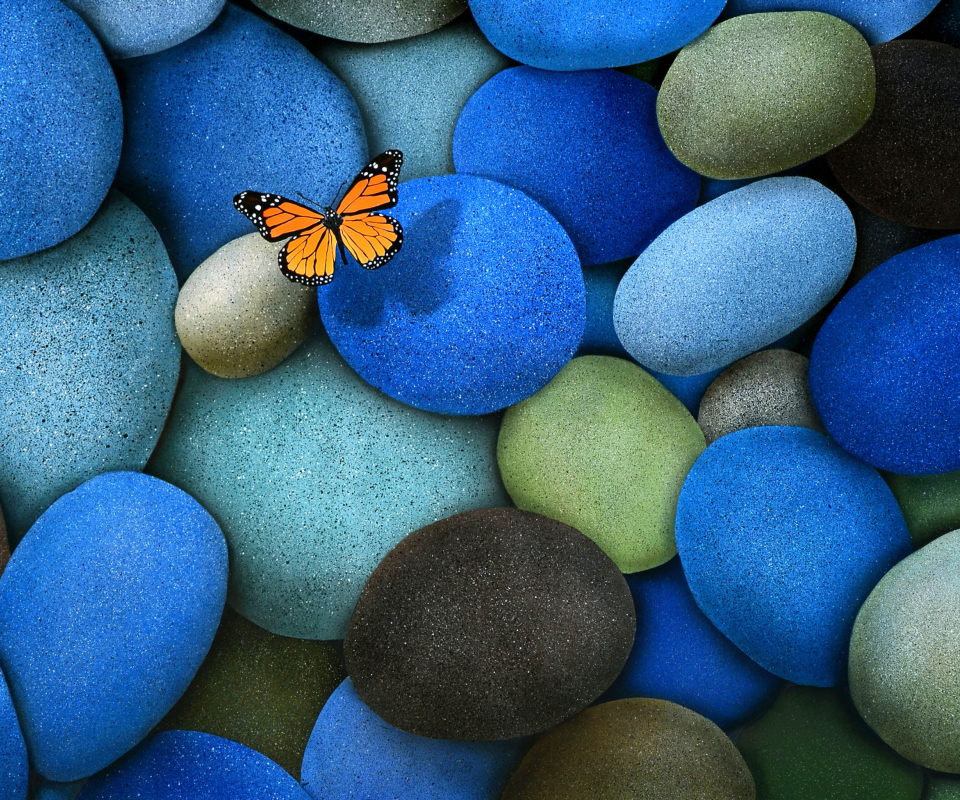 Das Orange Butterfly On Blue Stones Wallpaper 960x800
