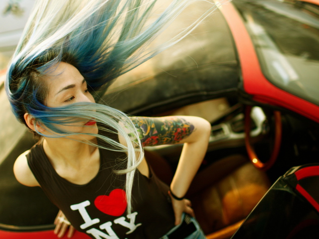 Обои Cool Asian Girl With Blue Hair & I Love NY T-shirt 640x480