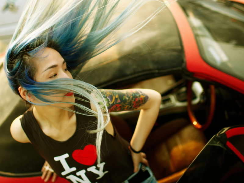 Das Cool Asian Girl With Blue Hair & I Love NY T-shirt Wallpaper 800x600