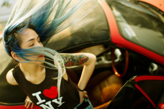 Cool Asian Girl With Blue Hair & I Love NY T-shirt Wallpaper for Android, iPhone and iPad