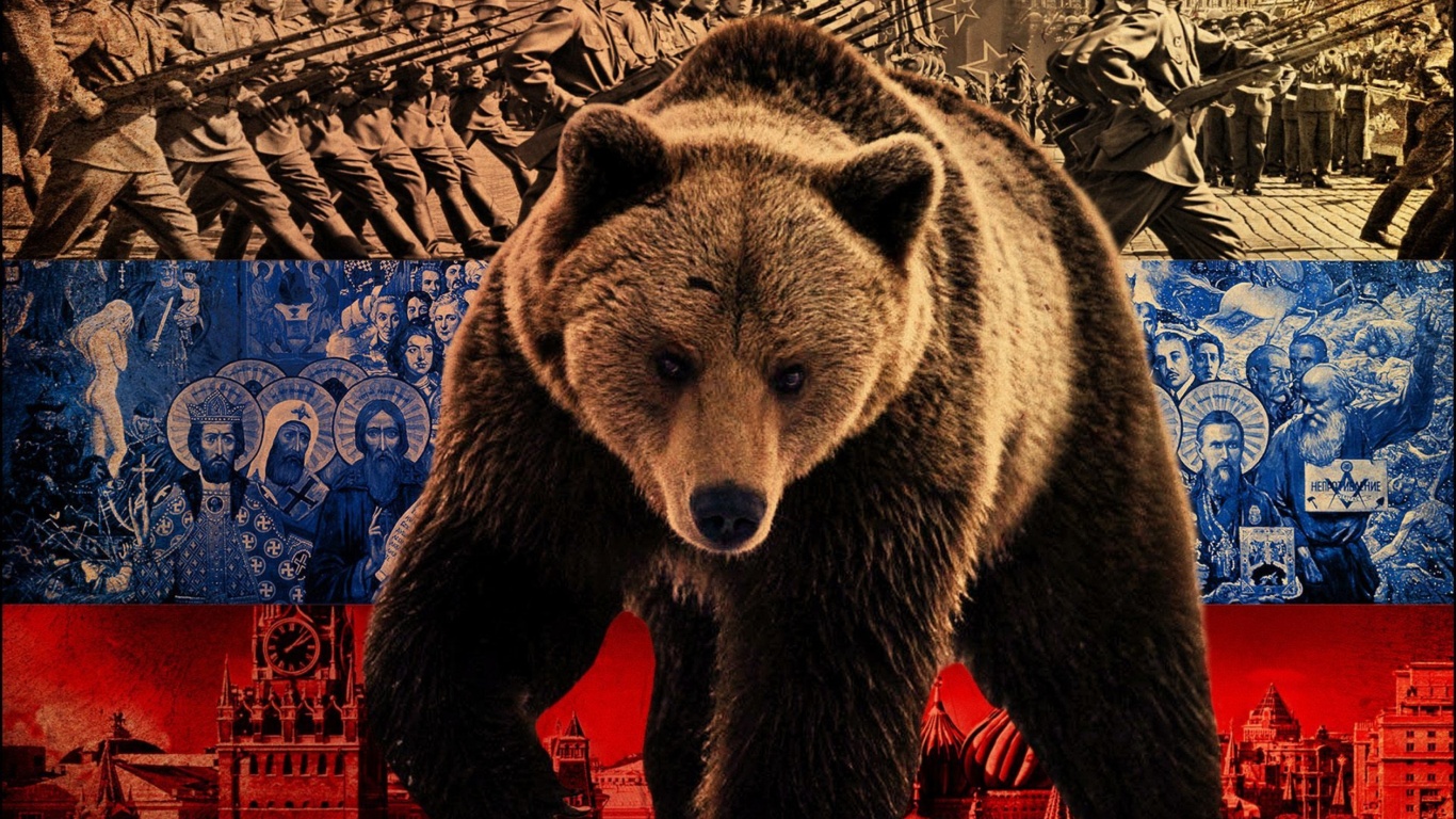 Обои Russian Bear on Flag Background 1366x768