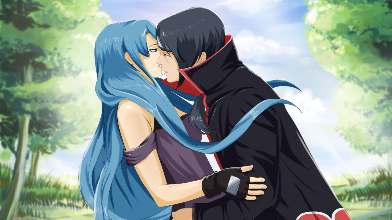 Обои Uchiha Itachi and Akatsuki Kiss 1366x768