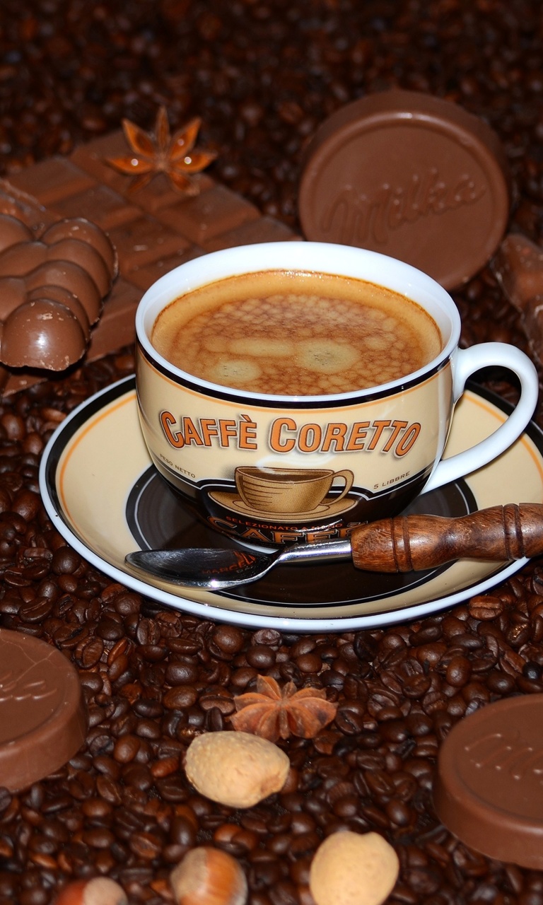 Coffee with milk chocolate Milka wallpaper 768x1280