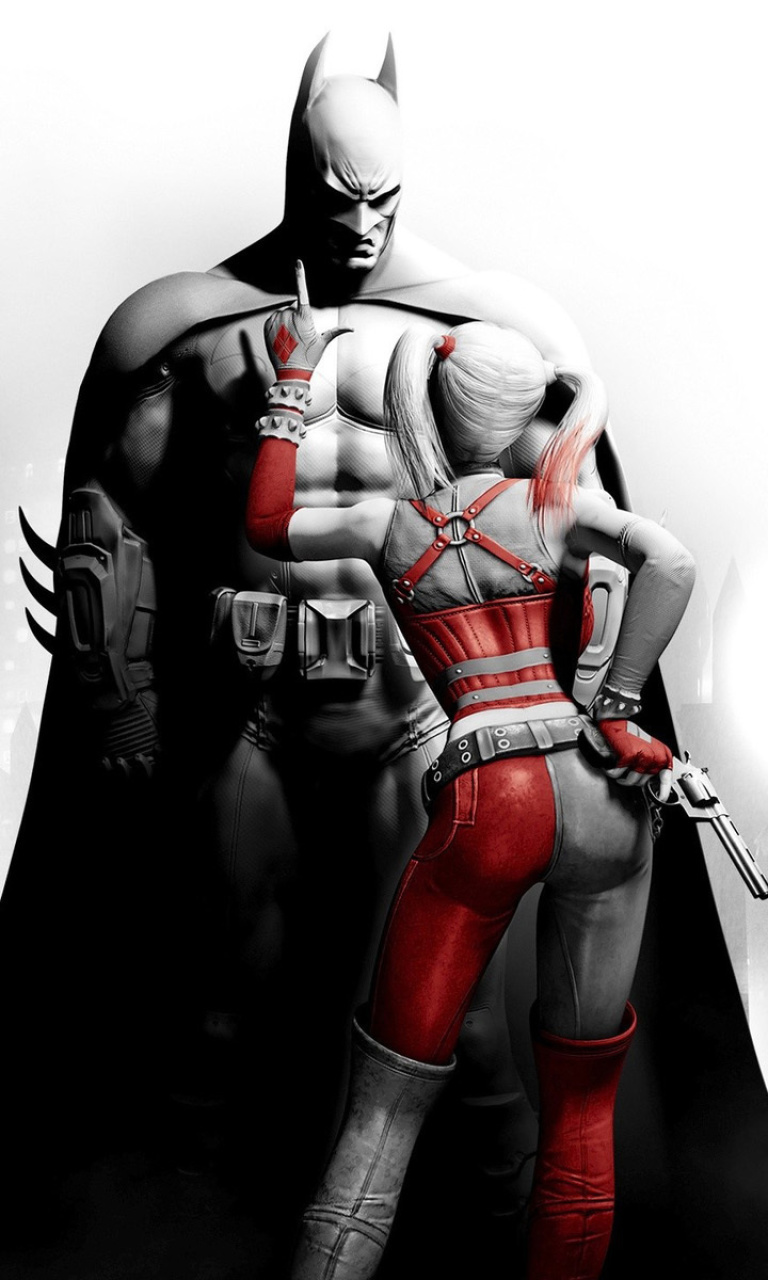 Обои Batman Arkham Knight with Harley Quinn 768x1280