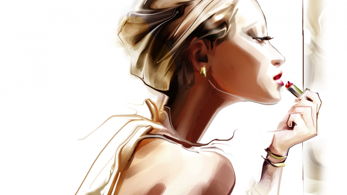 Girl With Red Lipstick Drawing wallpaper 1366x768