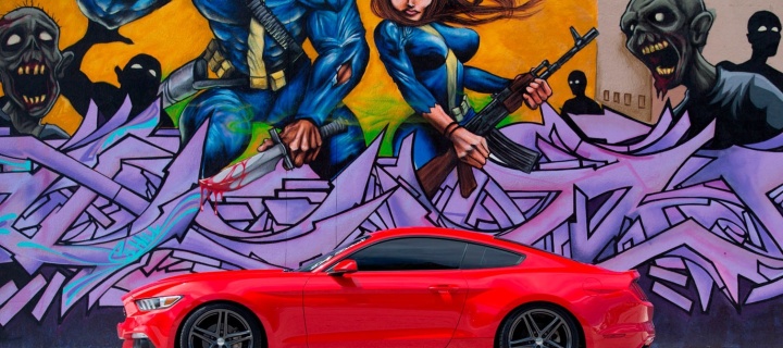 Ford Mustang and Miami Graffiti wallpaper 720x320