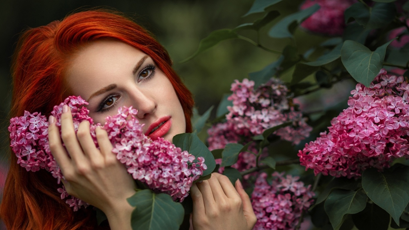 Girl in lilac flowers wallpaper 1366x768