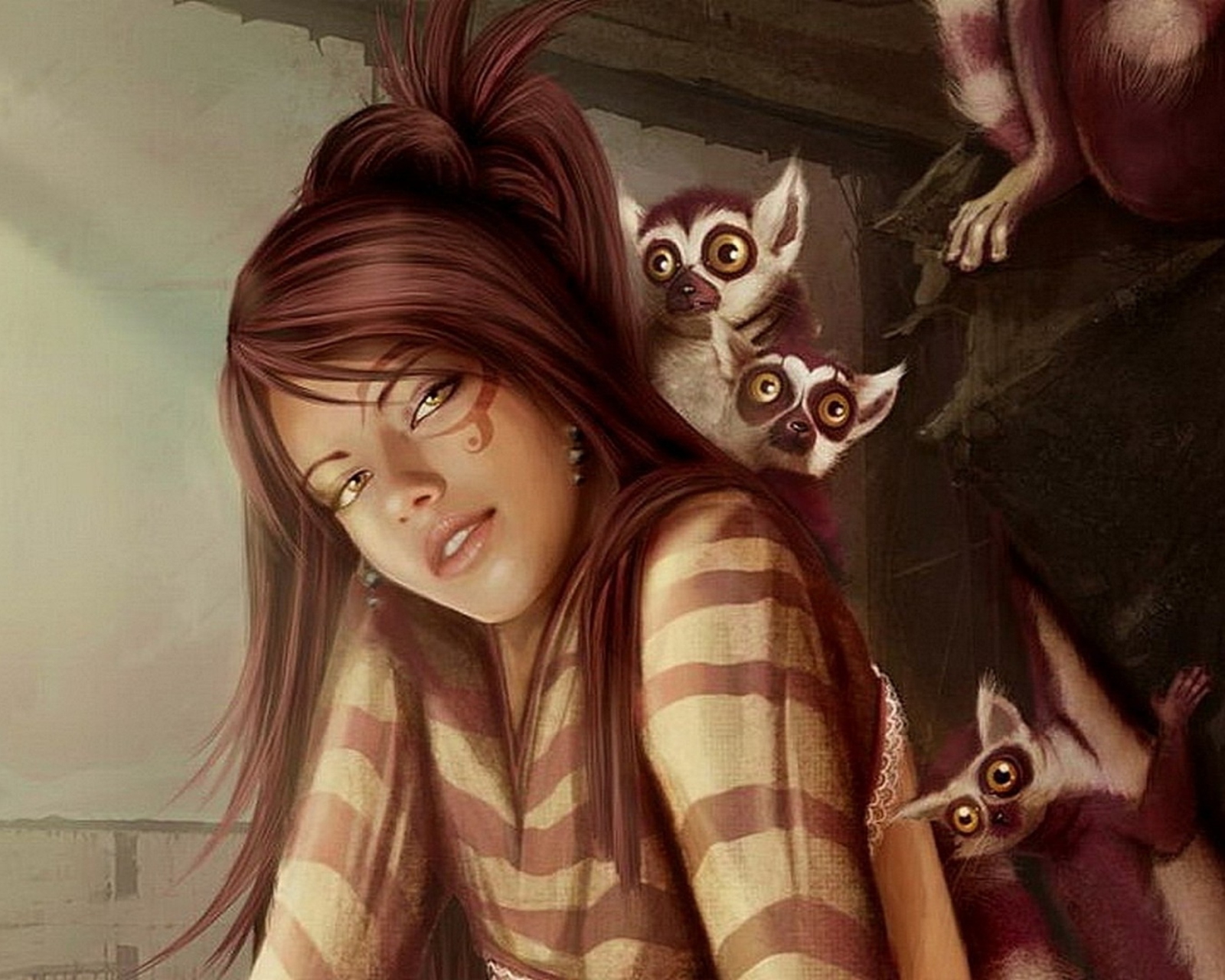 Обои Brunette And Lemurs 1600x1280