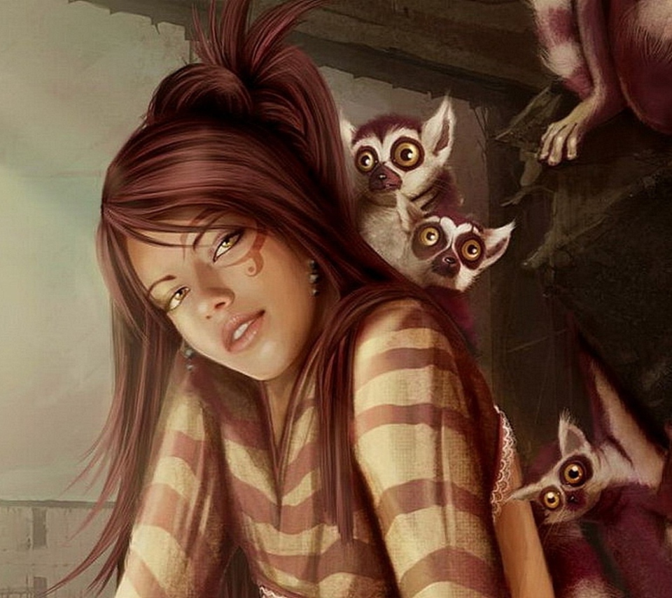 Fondo de pantalla Brunette And Lemurs 960x854