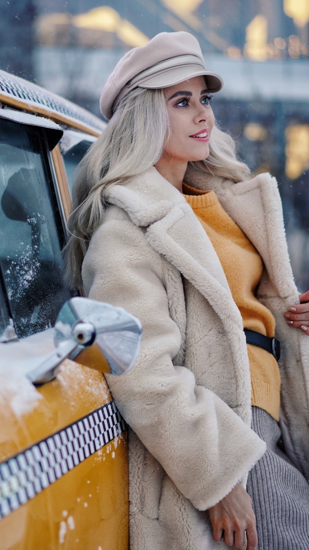 Fondo de pantalla Winter Girl and Taxi 1080x1920