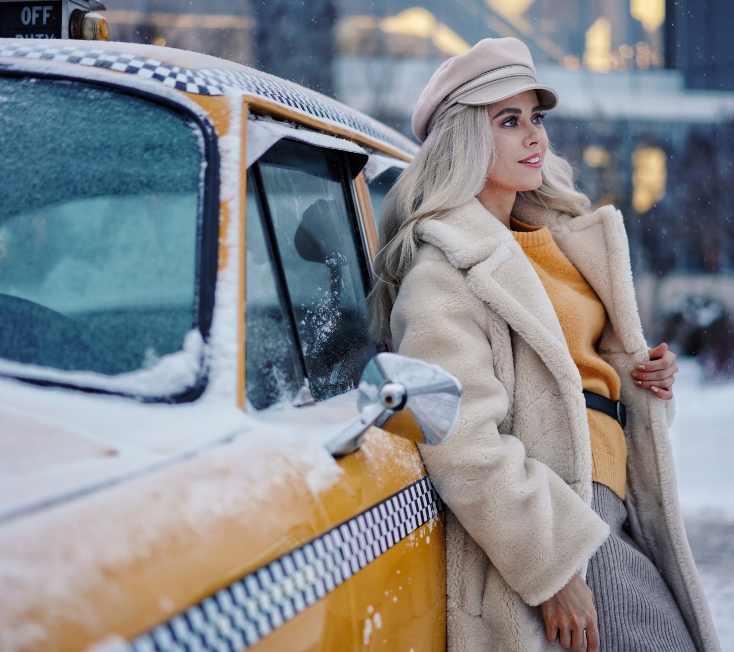 Winter Girl and Taxi wallpaper 1440x1280