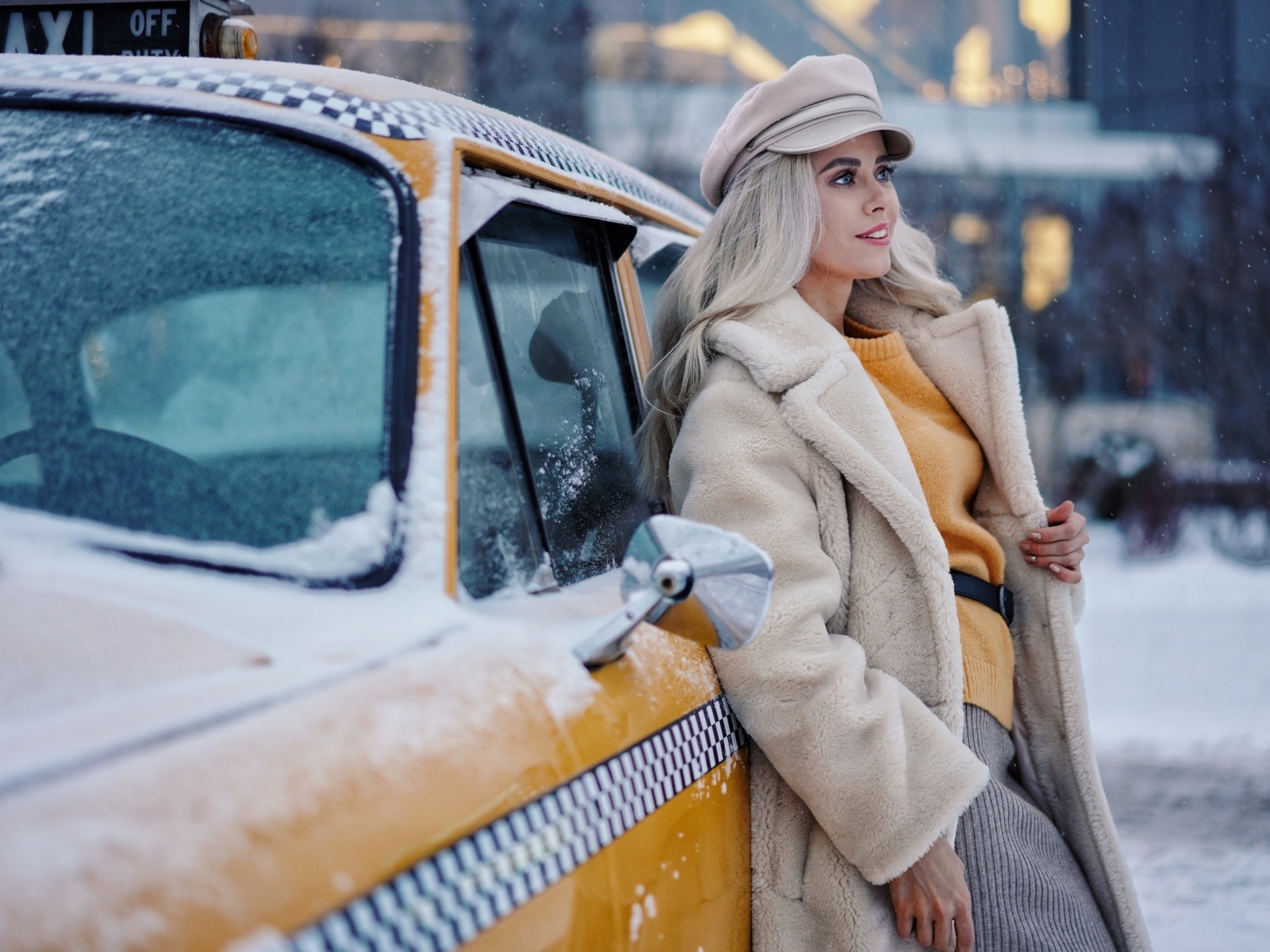 Winter Girl and Taxi wallpaper 1600x1200