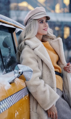 Winter Girl and Taxi wallpaper 240x400