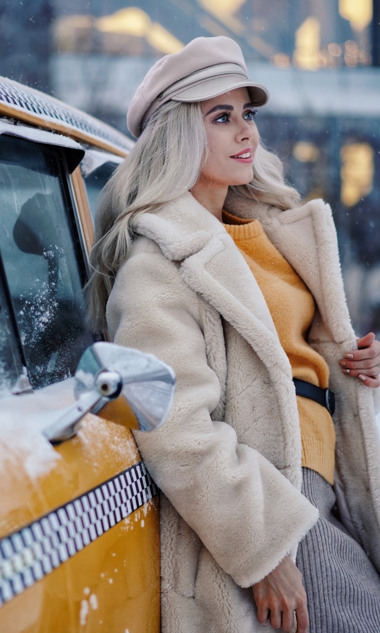 Обои Winter Girl and Taxi 768x1280