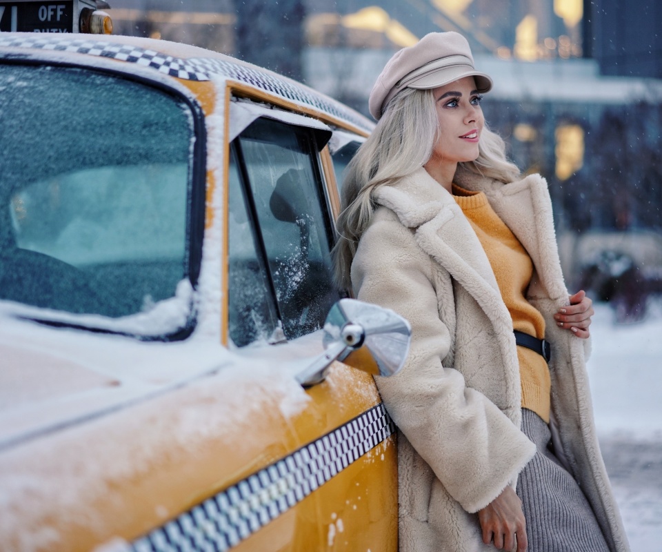 Обои Winter Girl and Taxi 960x800