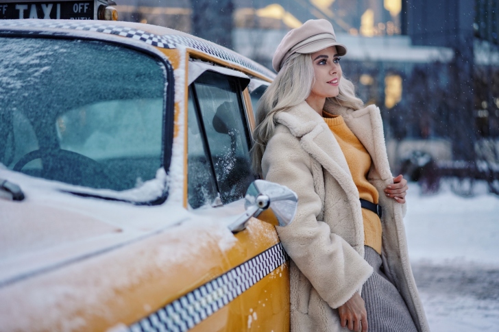 Winter Girl and Taxi wallpaper