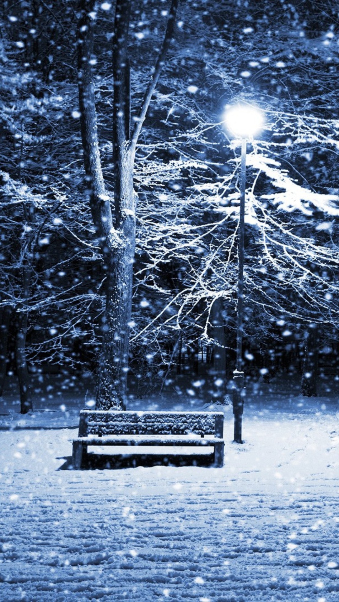 Das Lonely Bench In Snowy Night Wallpaper 1080x1920