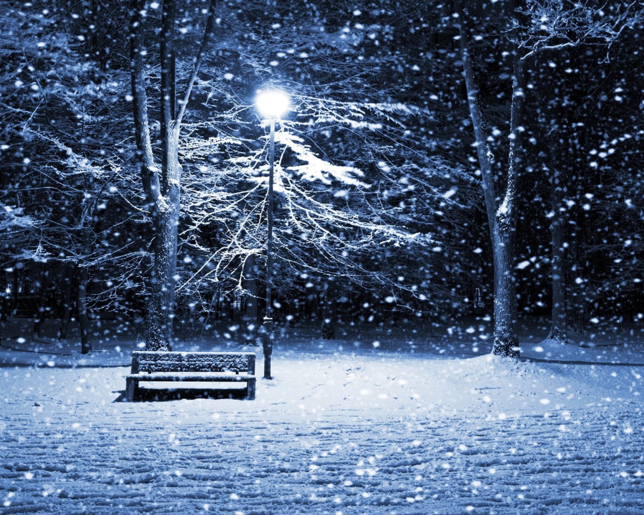 Screenshot №1 pro téma Lonely Bench In Snowy Night 1280x1024