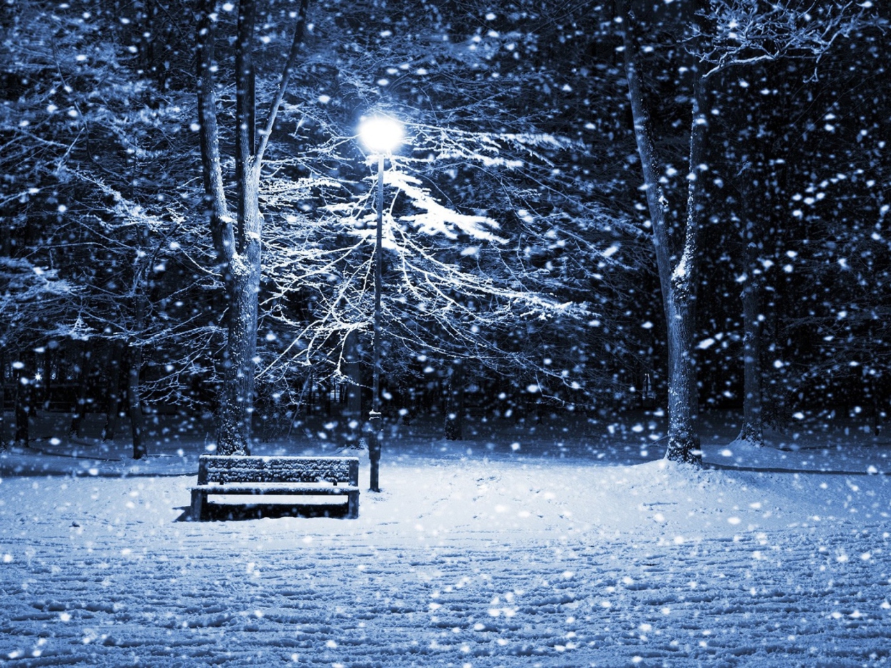 Screenshot №1 pro téma Lonely Bench In Snowy Night 1280x960