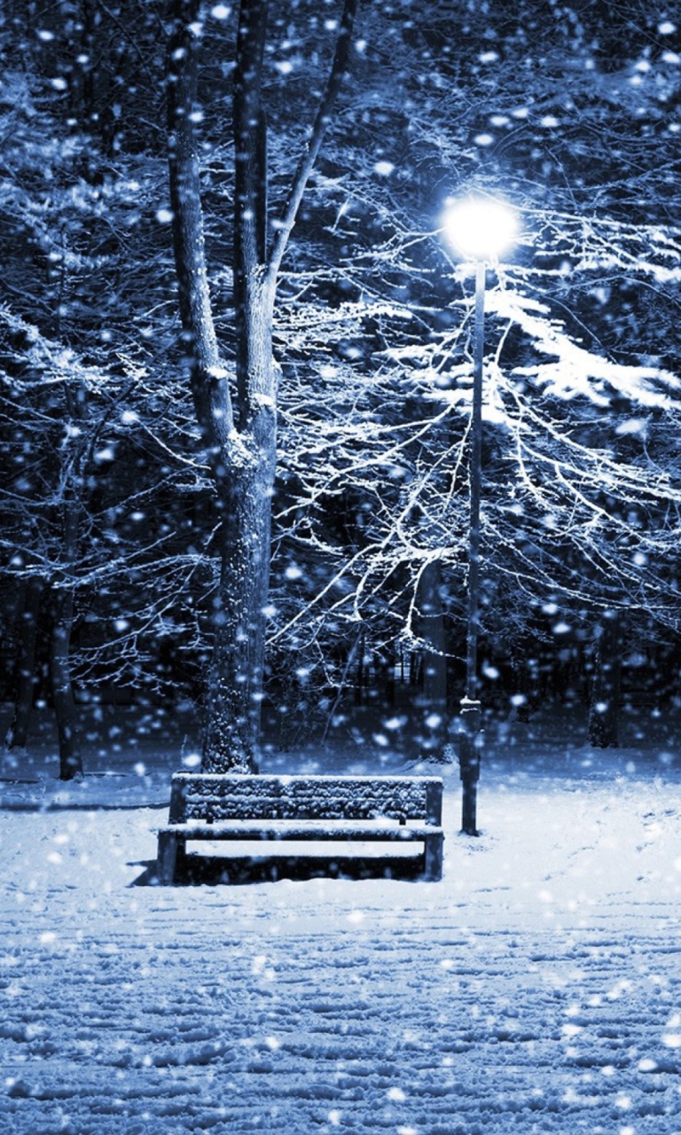 Lonely Bench In Snowy Night screenshot #1 768x1280