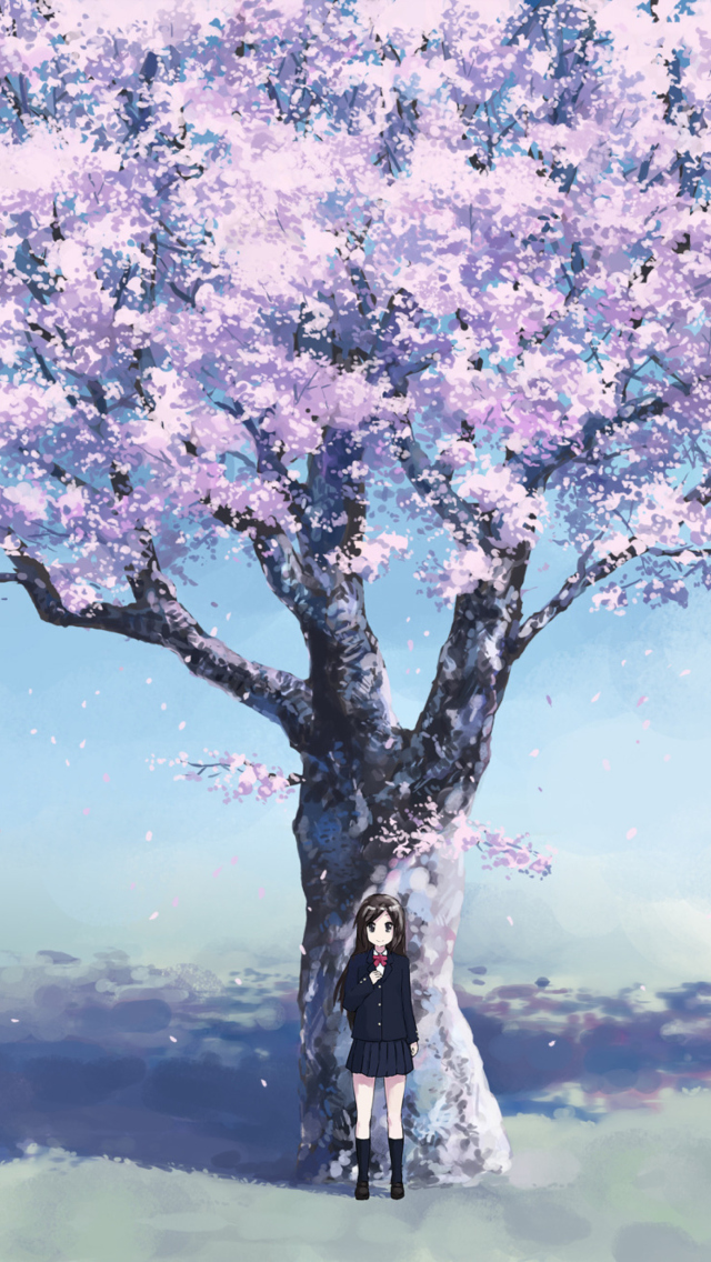 Das Girl And Sakura Wallpaper 640x1136