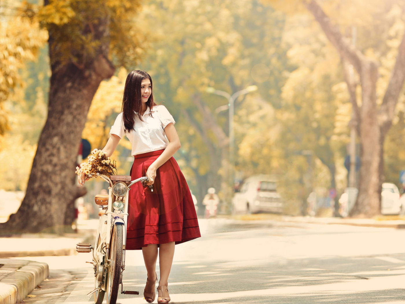 Das Romantic Girl With Bicycle And Flowers Wallpaper 1400x1050