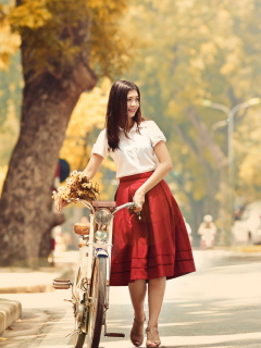 Das Romantic Girl With Bicycle And Flowers Wallpaper 240x320