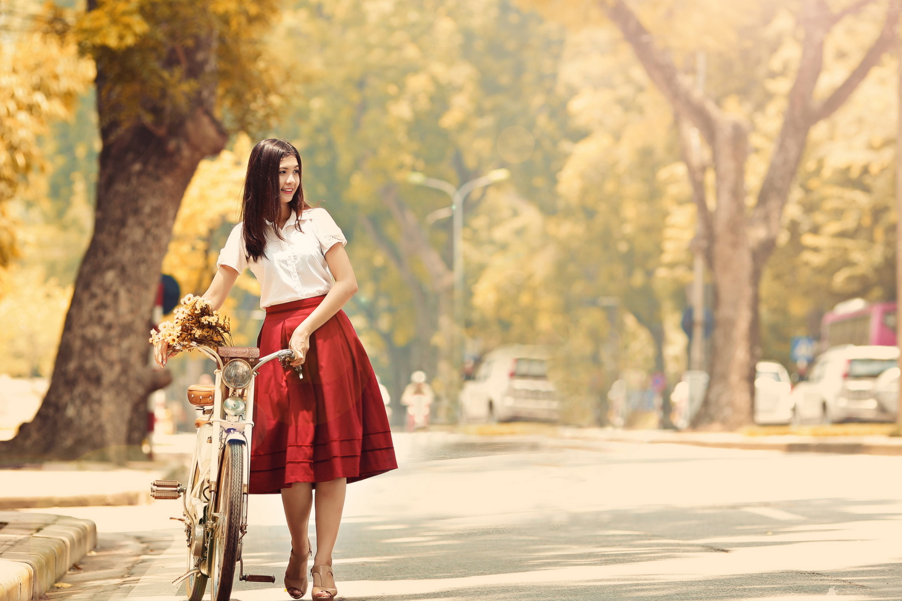 Обои Romantic Girl With Bicycle And Flowers 2880x1920