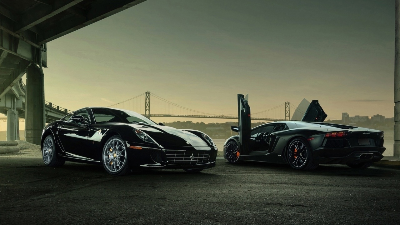 Fondo de pantalla Lamborghini Aventador And Ferrari 599 GTB 1280x720
