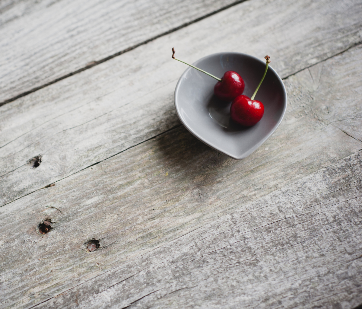 Two Red Cherries On Plate On Wooden Table wallpaper 1200x1024