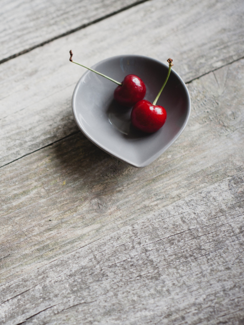 Two Red Cherries On Plate On Wooden Table wallpaper 480x640