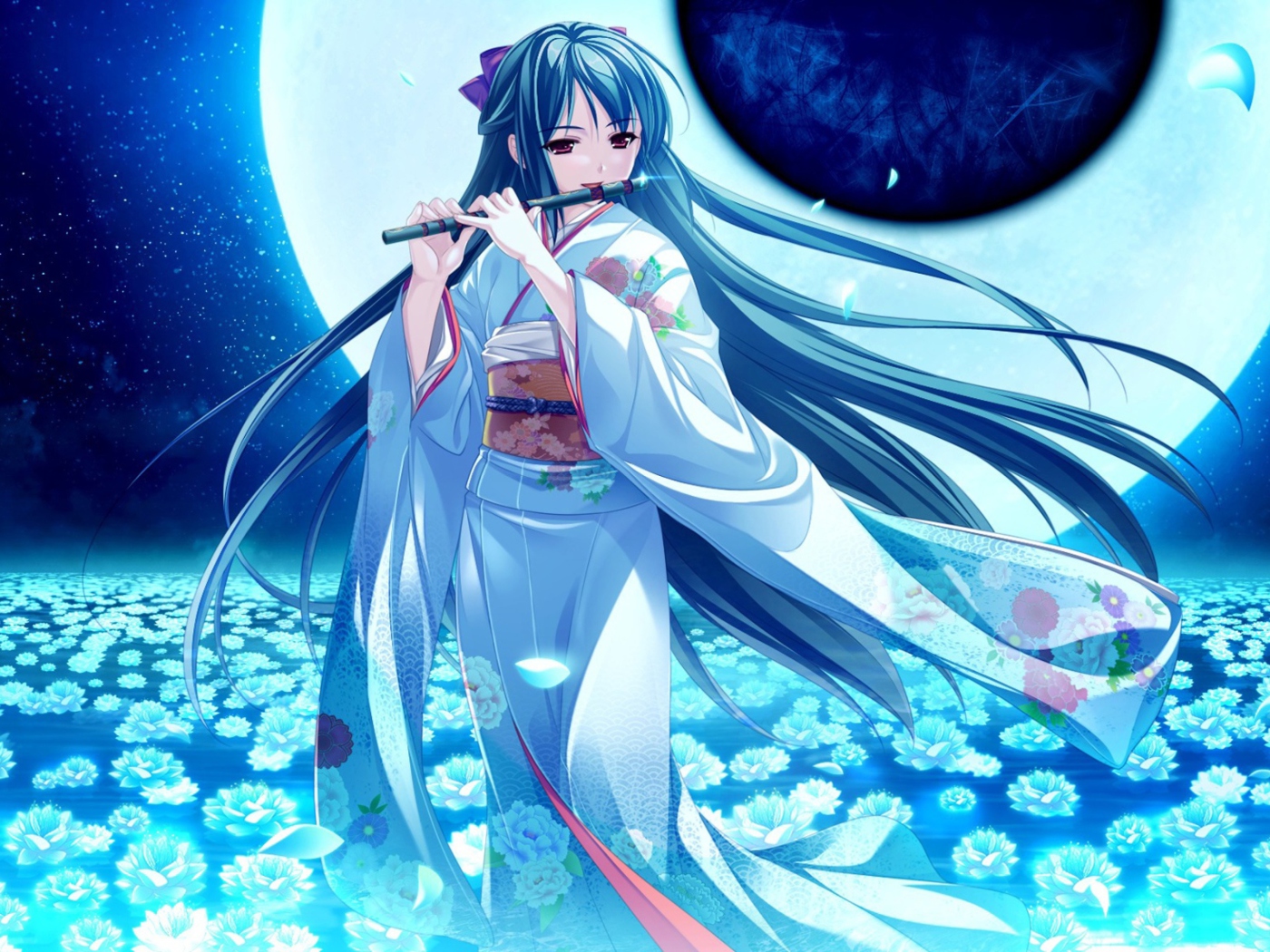 Обои Tsukumo No Kanade Anime Girl Blue Kimono 1400x1050