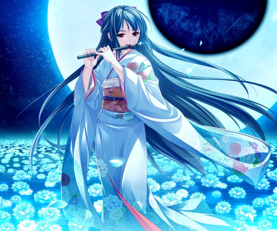 Screenshot №1 pro téma Tsukumo No Kanade Anime Girl Blue Kimono 960x800