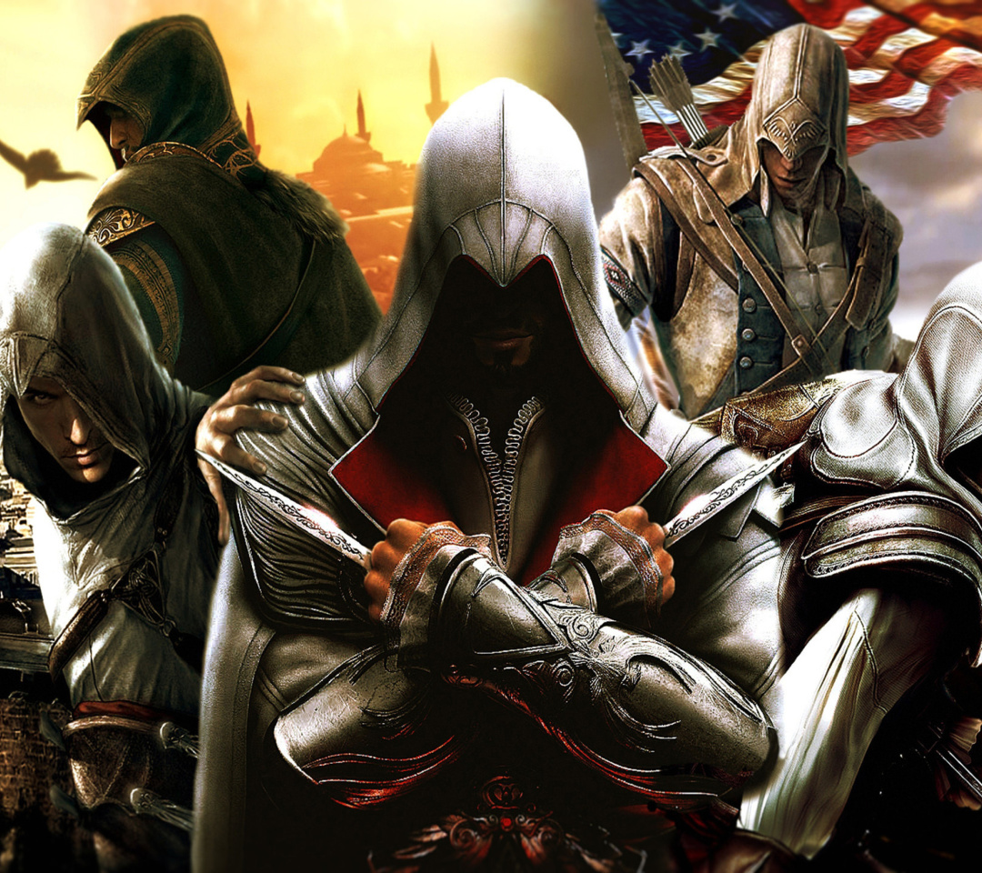 Fondo de pantalla Assassins Creed Altair Ezio Connor 1080x960