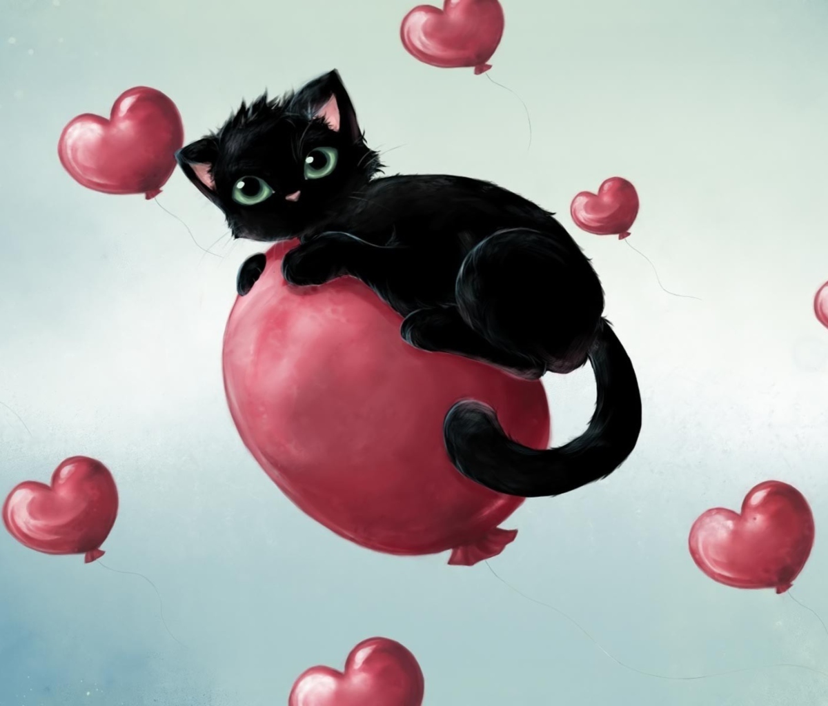 Das Black Kitty And Red Heart Balloons Wallpaper 1200x1024