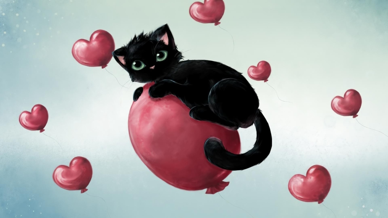 Fondo de pantalla Black Kitty And Red Heart Balloons 1280x720