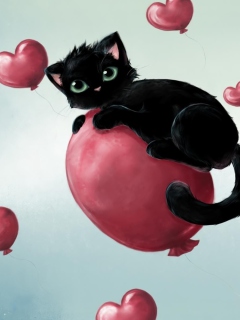 Screenshot №1 pro téma Black Kitty And Red Heart Balloons 240x320