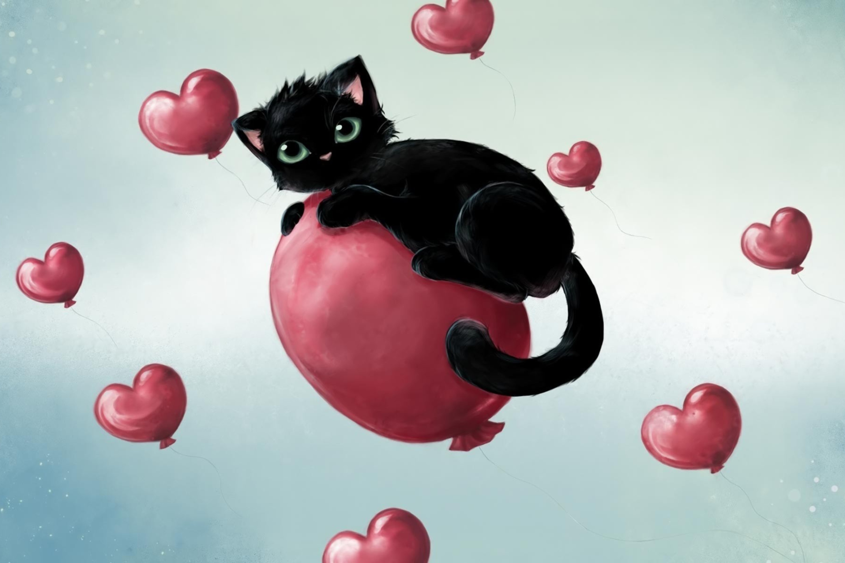 Screenshot №1 pro téma Black Kitty And Red Heart Balloons 2880x1920