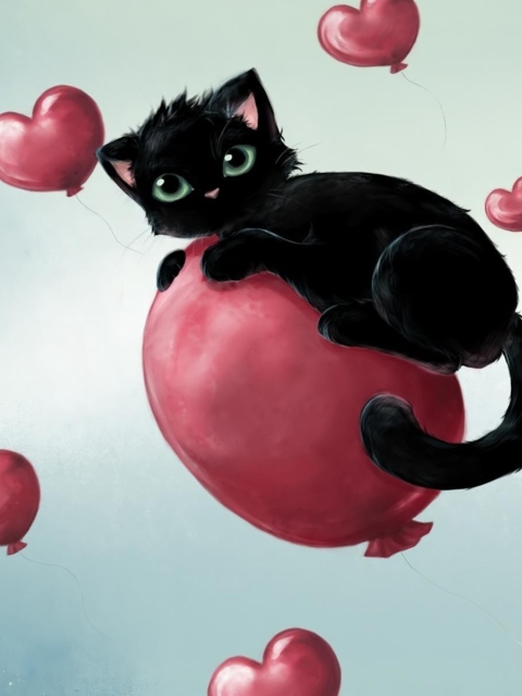 Screenshot №1 pro téma Black Kitty And Red Heart Balloons 480x640