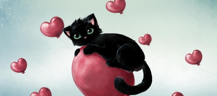 Screenshot №1 pro téma Black Kitty And Red Heart Balloons 720x320