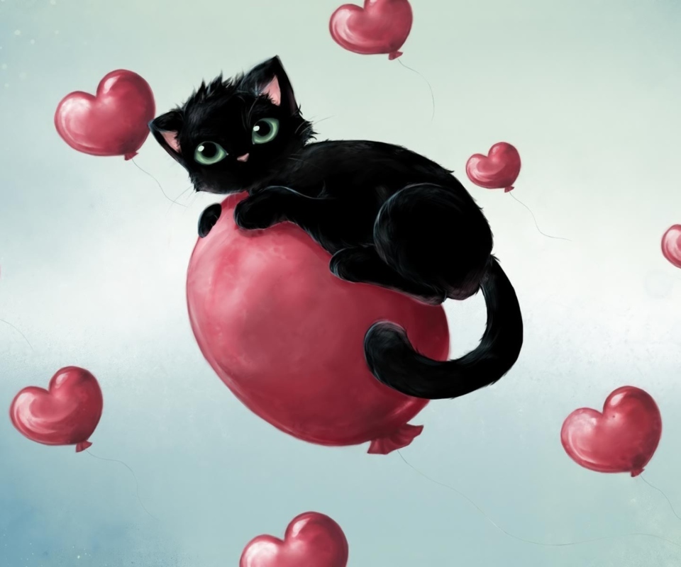 Fondo de pantalla Black Kitty And Red Heart Balloons 960x800