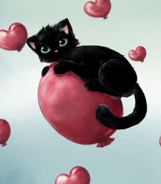 Black Kitty And Red Heart Balloons - Obrázkek zdarma pro 128x160