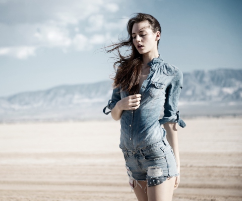 Brunette Model In Jeans Shirt wallpaper 480x400