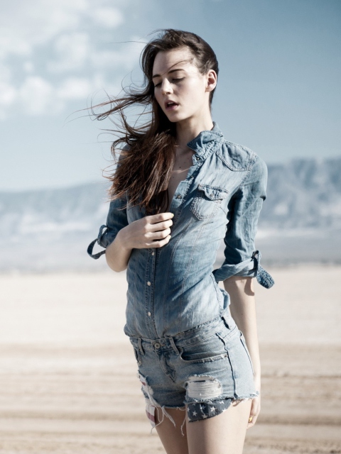 Brunette Model In Jeans Shirt wallpaper 480x640