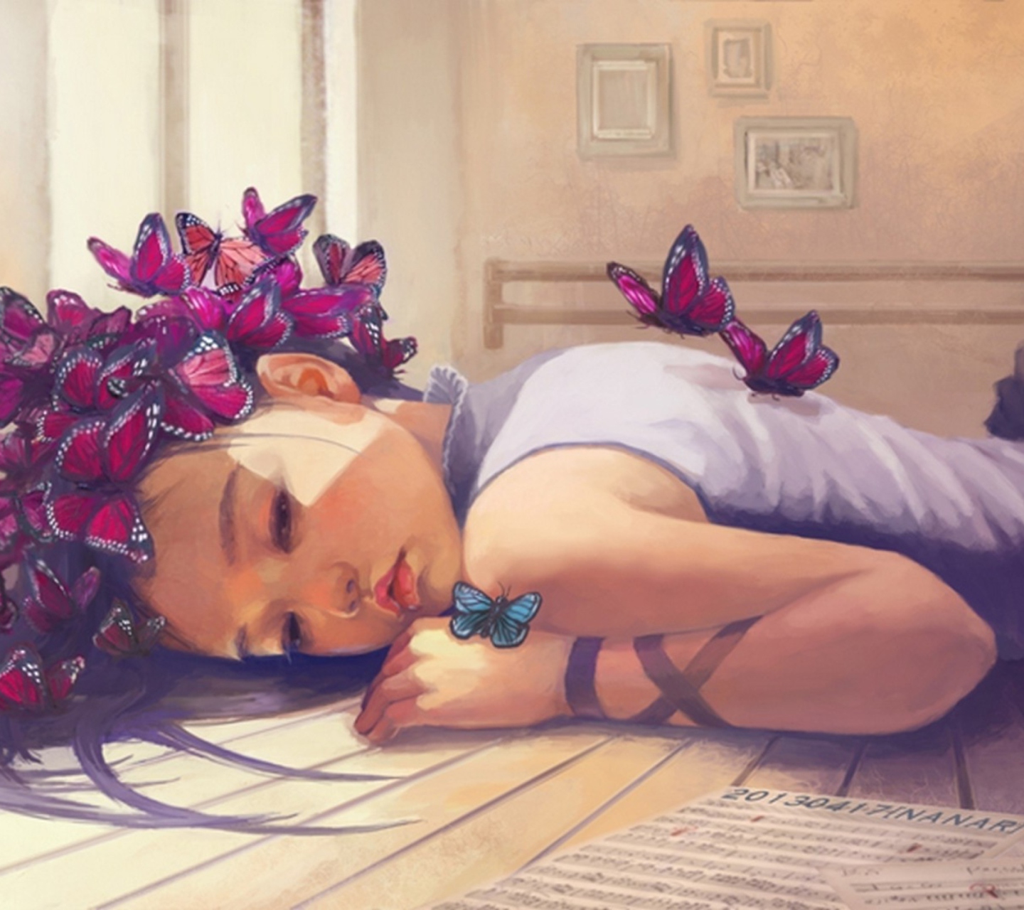 Das Butterfly Girl Painting Wallpaper 1440x1280