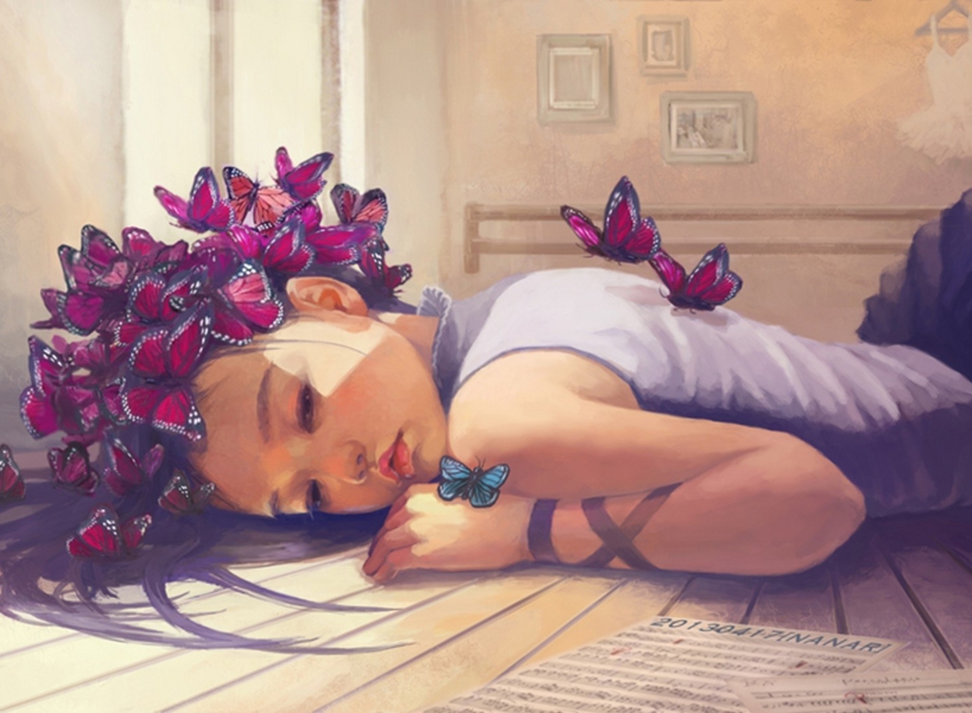 Обои Butterfly Girl Painting 1920x1408